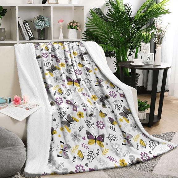 White Butterfly Yellow Purple Flower Pattern Blanket,Comfortable Soft Flannel Throw Blanket,All Season,Warm Lightweight Blankets for Sofa Bed Couch Living Room Chair,50"x60"
