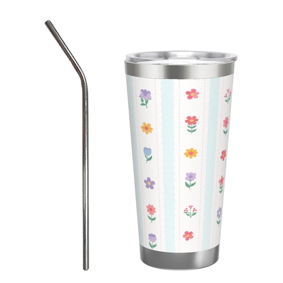 20oz Cottagecore Floral Stripe Tumbler Insulated Car Cup Travel Coffee Cup Gift for Women with Stainless Steel Straw