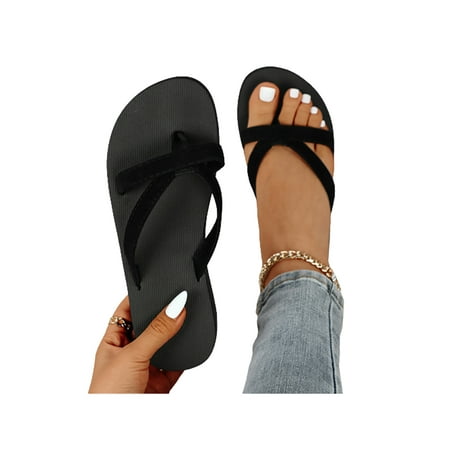 

Rotosw Women Thong Sandals Slip On Flat Sandal Beach Flip-flops Lightweight Summer Shoes Home Casual Black 4.5