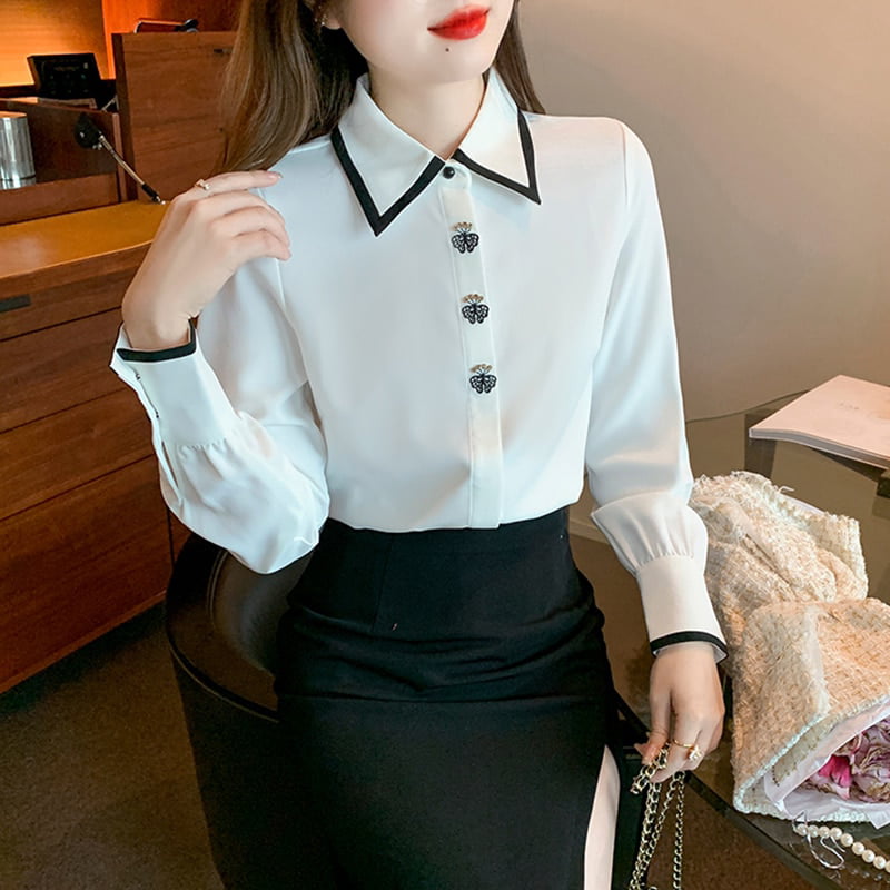 Duopindun@Ladies Korean Long Sleeve OL Shirt Collar Button Blouse