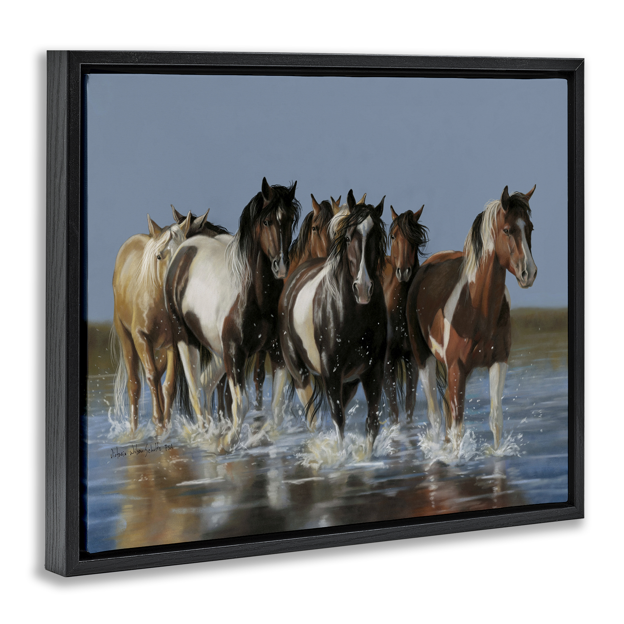 Stupell Industries Horses Running Through River Animals & Insects Painting Black Floater Framed Canvas Art Print Wall Art, 31 x 25