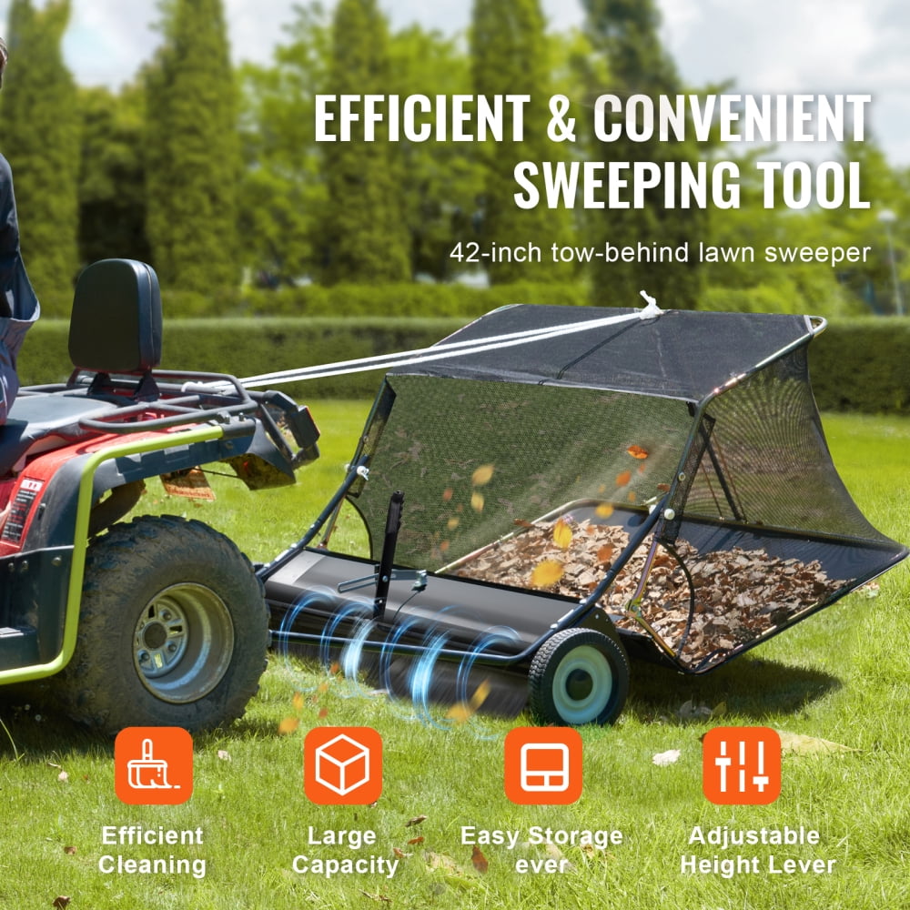 NOBOLEA 42" Tow-Behind Lawn Sweeper, 12 Cu Ft Leaf & Grass Collector with Adjustable Height, Heavy Duty Yard Sweeper for Tractor Attachment
