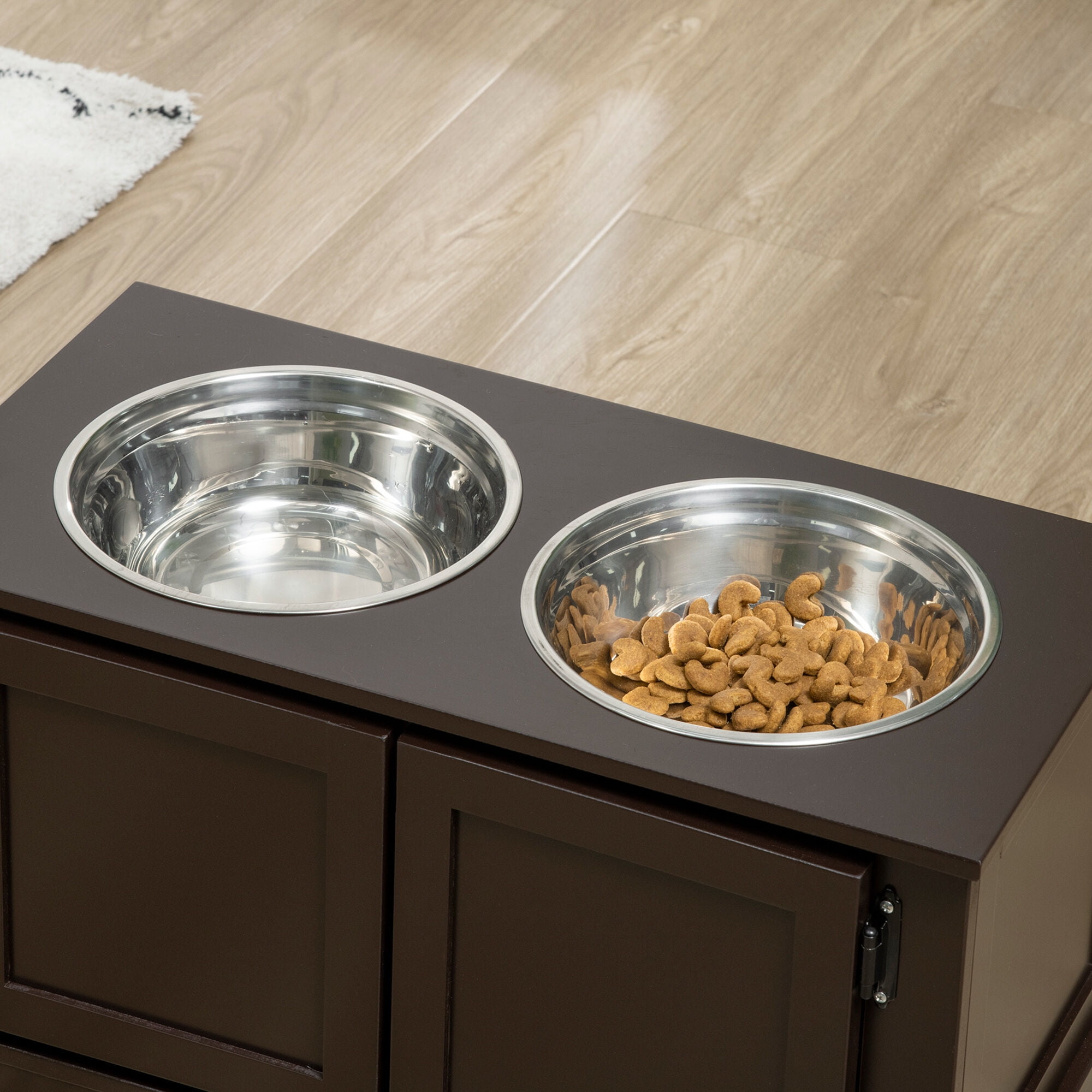 Orthopedic Dog Bed, PawHut Elevated Dog Bowls for Large Dogs, Raised Dog Bowls with Storage, Two Stainless Steel Bowls, Pet Feeder Station for Indoor Use, Coffee, Brown Dog Bed,Mdf Cat Bed