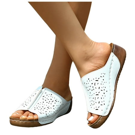 

ZIZOCWA Black Wedges Sandals for Women Ladies Summer Retro Solid Color Leather Hollow Breathable Thick Bottom Large Size Fish Mouth Sandals Slippers White Size7.5