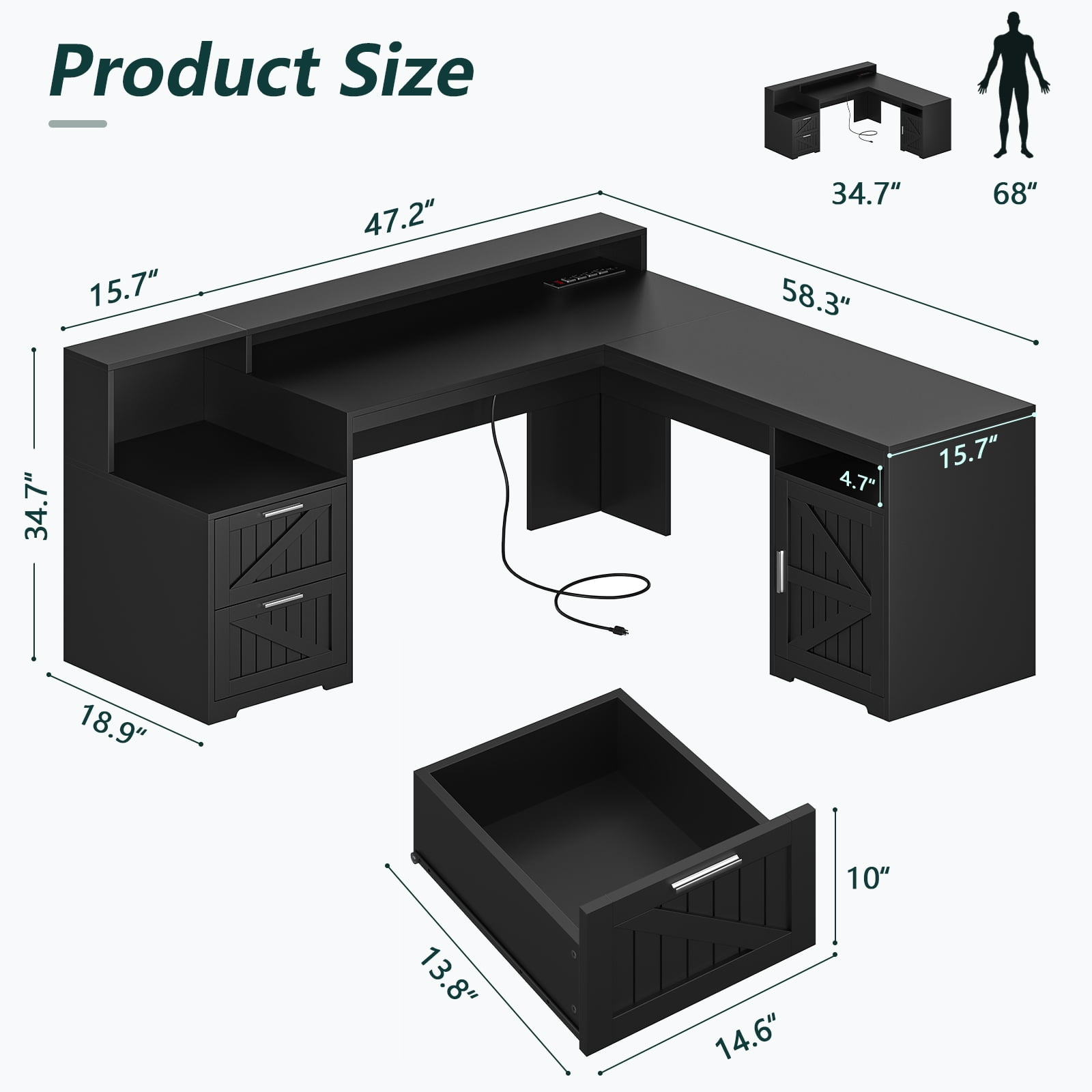 63" Farmhouse L Shaped Desk with Drawers & Storage Shelf, Corner Computer Desk with Power Outlets for Home Office, Executive Desk with Monitor Stand, Printer Shelf, Black