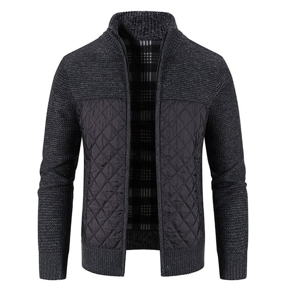 YODETEY Mens Zip Up Knitted Cardigan Thick Sweater Stand Collar Fleece Lined Warm Black 8(L)