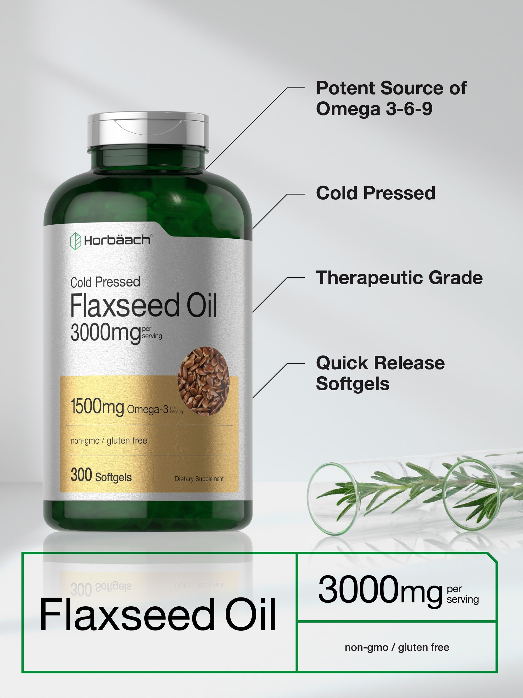 Flaxseed Oil Softgels 3000mg | 300 Count | with Omega 3 6 9 | by Horbaach