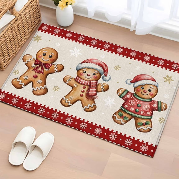 Gingerbread Christmas Entryway Rug 2'x3' Non Slip Front Door Mats, Red Snowflake Golden Winter Xmas Entrance Rugs Indoor Outdoor Carpet, Washable Floor Mats Small Area Rug for Bedroom Kitchen