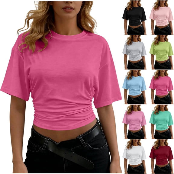Otntypg Short Sleeve Athletic Cropped T-Shirts for Women Round Neck Basic Solid Color Double Lined Workout Tees Side Ruched Fitted Y2k Crop Tops Hot Pink S