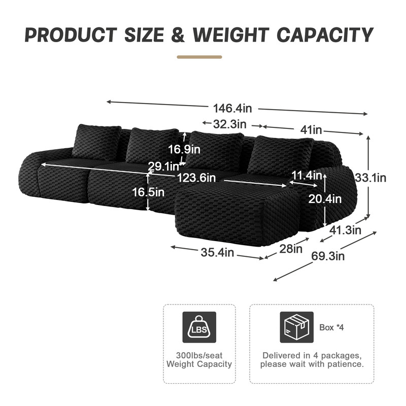 146" Modern L-Shaped Modular Sectional Sofa for Living Room,Flannelette Fabric,Oversized 4-Seater Couch,boneless sofa ,Movable Ottoman,Buckle connection,Anti-slip Design,No Assembly,Black