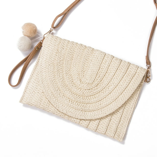 Kmbangi Lady Fashion Crossbody Envelope Bag Solid Color Straw Woven Handbag