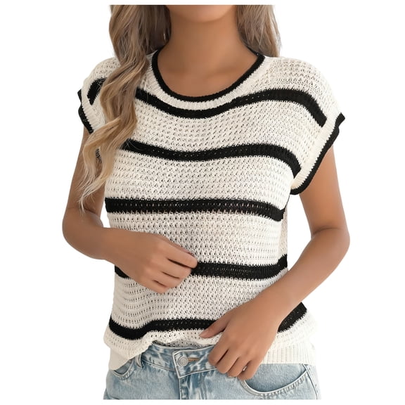 CHUMUD Womens Sweater Tops Summer Cap Sleeve Top Casual Crew Neck Ribbed Knit Lightweight Striped Pullover Top Loose Fit