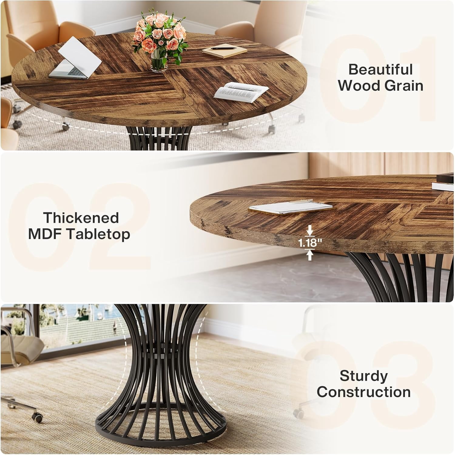 Dining Table, Round Conference Table for 4-6 People, Industrial Style with Metal Base, 46.85 in L x 46.85 in W x 29.92 in H