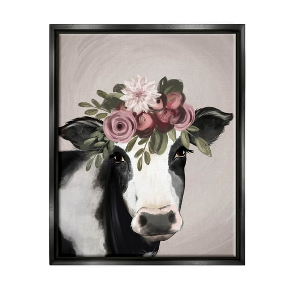Floral Farm Cow Pink Blooms Animals & Insects Graphic Art Jet Black Framed Art Print Wall Art