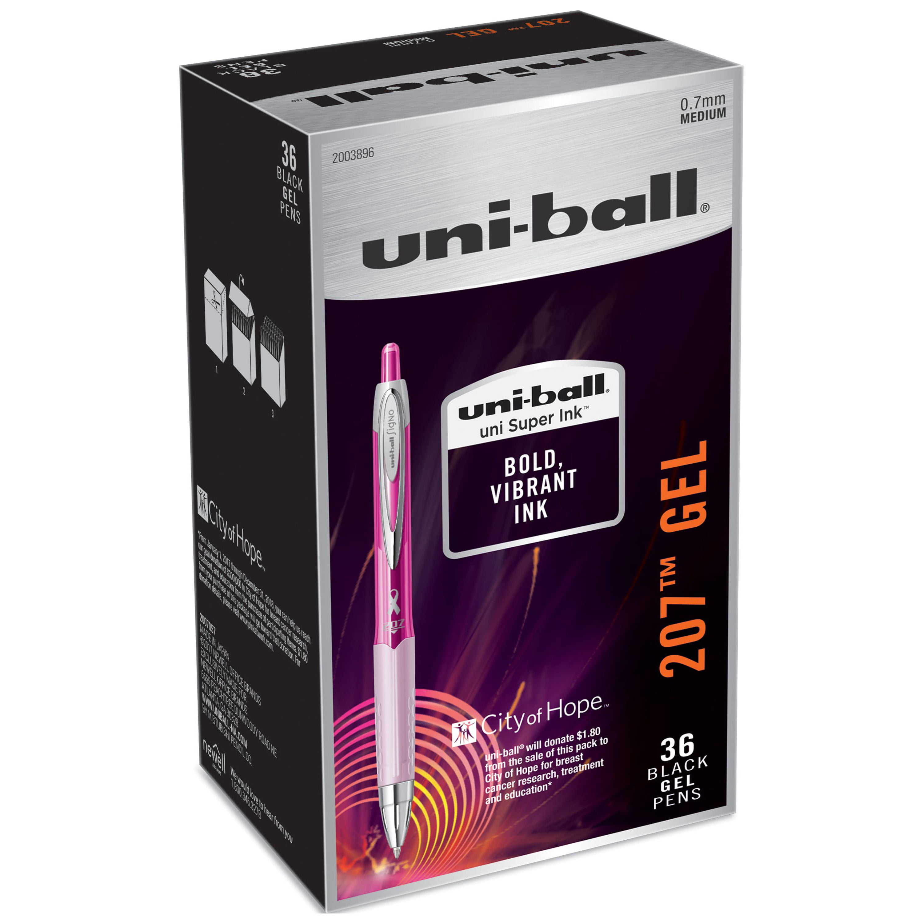 uni-ball 207 Retractable Gel Pens, Medium Point (0.7mm), Black, Pink Ribbon Edition, 36 Count