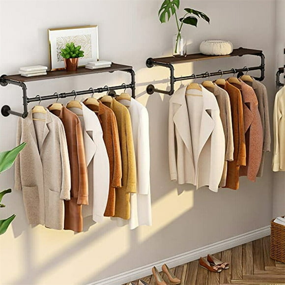 UNHO Wall Mounted Clothes Rail with Shelf, Industrial Pipe Clothes Rack 39.3” Garment Rack Wall Hanger for Clothes Space-Saving Clothes Hanging Rod Bar for Closet Storage Black