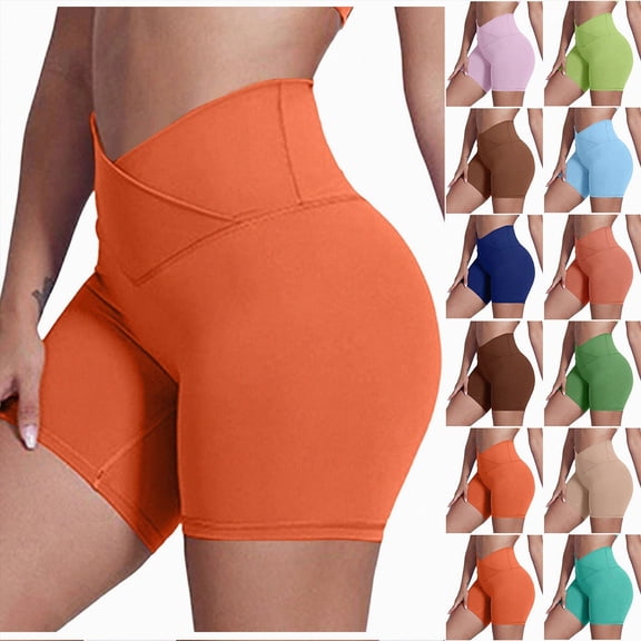 COMVALUE Crossover Biker Shorts for Women, No Front Seam V High Waist Yoga Workout Gym Shorts with Tummy Control Coffee L