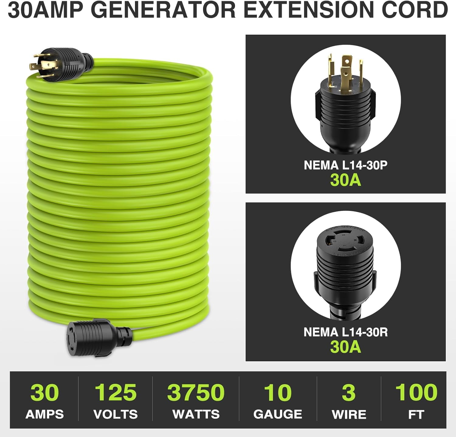 Nilight 100FT 30Amp Generator Extension Cord 125V Heavy Duty 10/3 Gauge Pure Copper STW Wire UL ETL Listed 4 Prong L14-30P L14-30R Weatherproof Suit for Camper Outdoor Use Bright Green