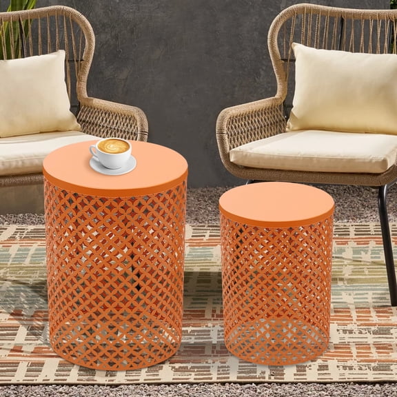 2 Pack Outdoor Side Table, Modern Metal Frame Accent Table, Rustproof Iron Hollow Out End Table, Space-Saving Waterproof Cylindrical Side Table for Patio Garden Living Room Balcony Decor