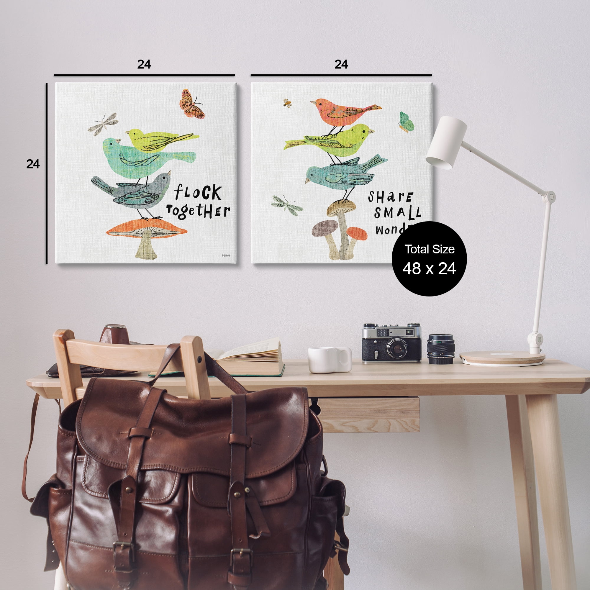 Stupell Industries Flock Together Share Birds Animals Painting Wrapped Canvas Art Print Wall Art, 24 x 24, Set of 2