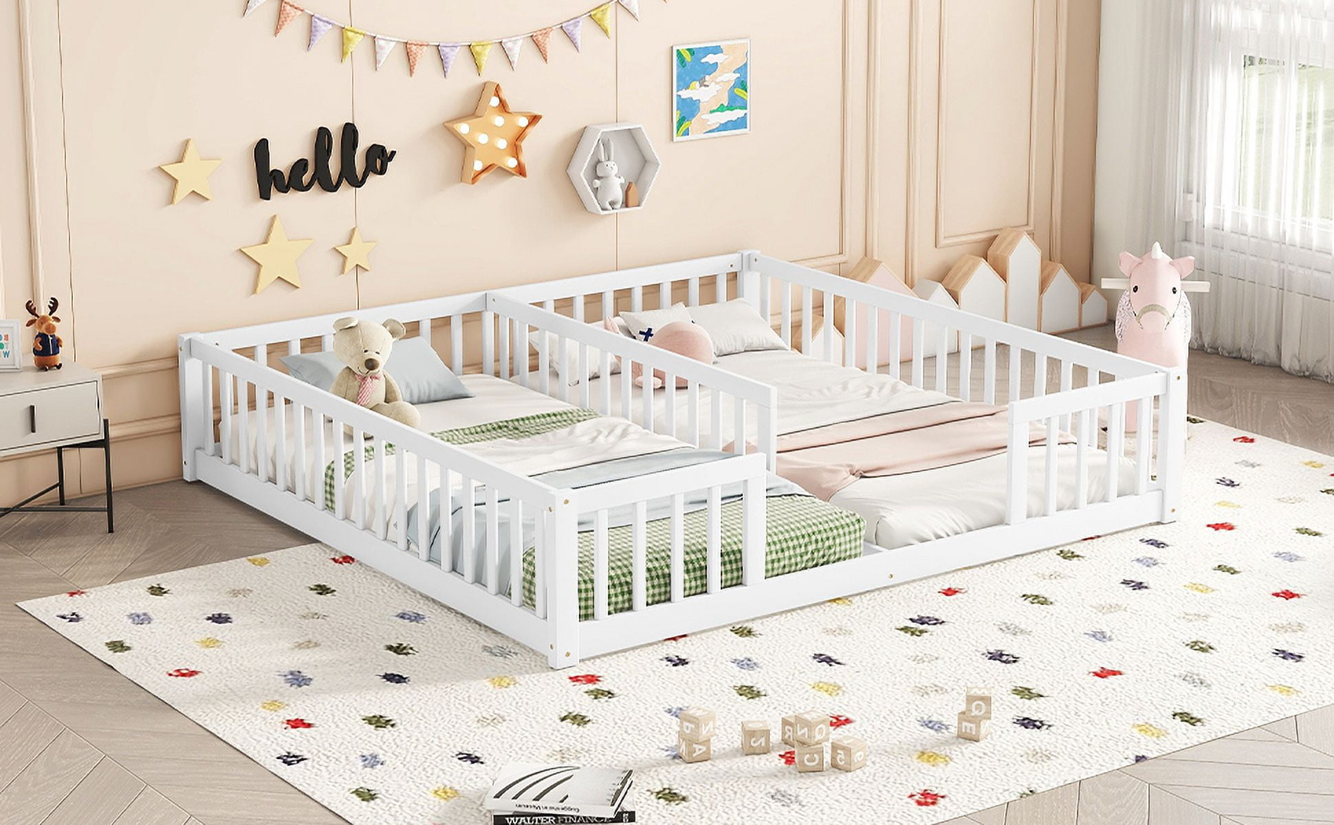 Double Twin Floor Bed with Fence, Guardrails, Without Door, White