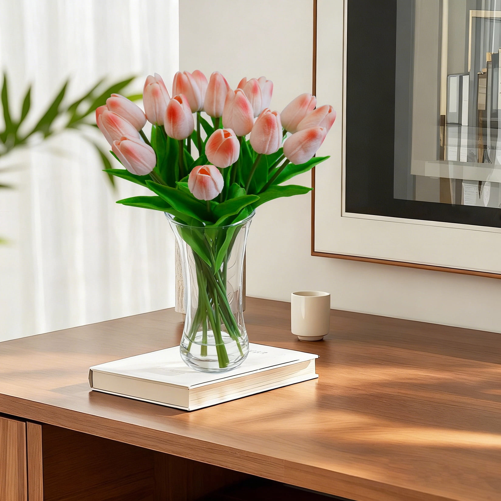 20 Pcs Artificial Real Touch Tulips Flowers in Glass Vase with Faux Water, Tulips Fake Arrangements Orange Tulip with Vase for Dining Table Home Decor Wedding Centerpieces