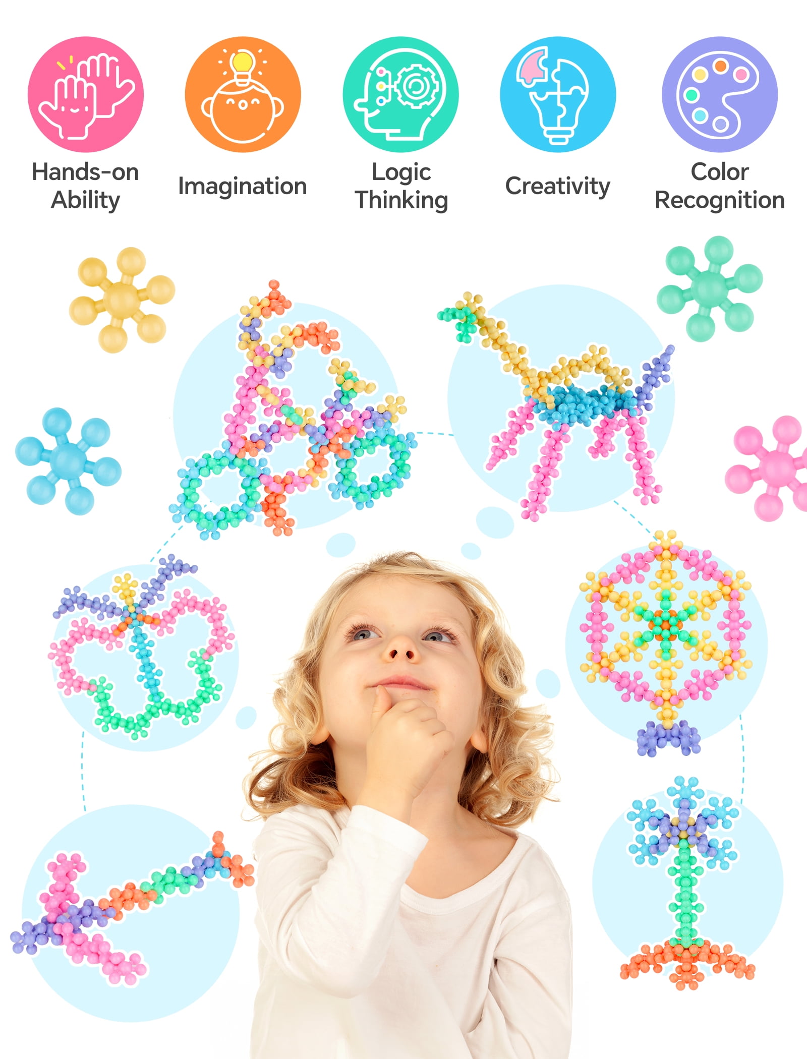 Macaron Color Interlocking Building Blocks Set – 600pcs Snowflake Shape Plastic Construction Toys in 6 Pastel Colors with Storage Box, Educational STEM Blocks for Kids Creative Play (Macaron Colors)