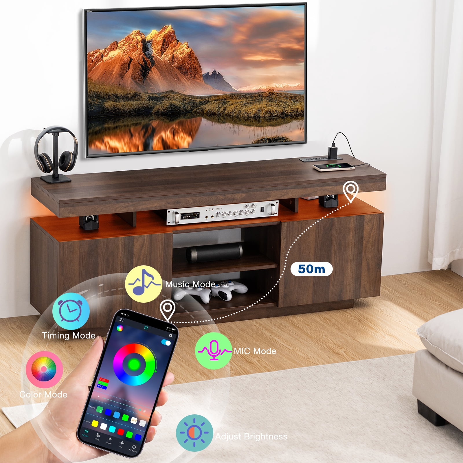 TV Stand with LED Lights for TVs up to 55 Inch TV Console Storage Cabinet Entertainment Center