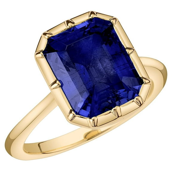 PEORA 14K Yellow Gold Created Blue Sapphire Ring for Women, Bezel Solitaire, 6.50 Carats, 11x9mm Emerald Cut, Size 7