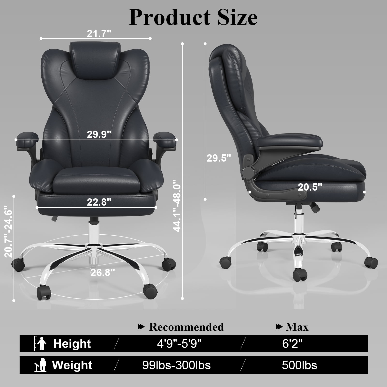 E-motie Home Office Chair with Flip-up Arms, Adjustable High Back Chair, Quiet Nylon Wheels, Black