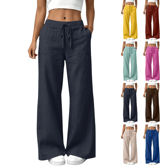 Sunnin Womens Linen Wide Leg Pants Drawstring Waist Relaxed Casual Pants with Pockets