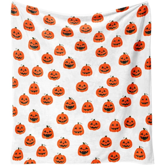 Halloween Pumpkin Face Fleece Throw Blanket - Orange Flannel Soft Cozy Blanket for Couch, Bed, Chair Decor - Seasonal Home Decor, 50x60 Inches
