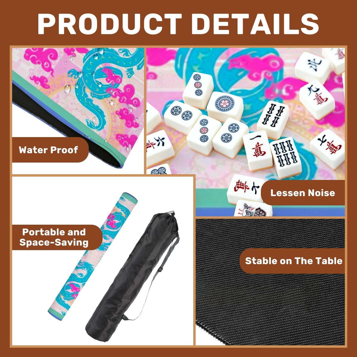 Mahjong Mat with Carrying Bag 31.5" x 31.5" Non-Slip Noise Reduction Vibrant Pink Clouds Traditional Style Table Mat for Mahjong Poker Dominoes Card Board Tile Games