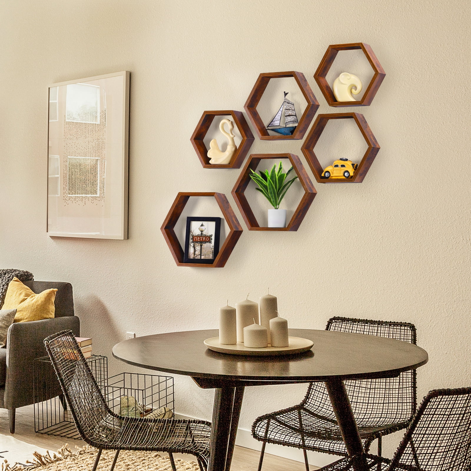 Hexagon Floating Shelves Set of 6 Honeycomb Shelves for Wall, Burnt Brown