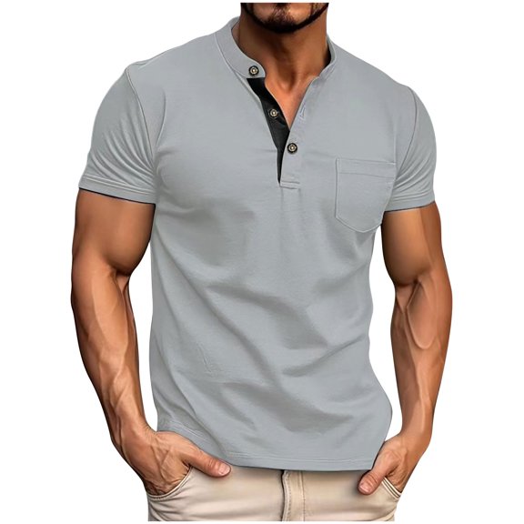 Summer Plus Size Tops for Men Fashion Pullover Solid Color Button Short Sleeve Stand-up Collar Blouse Shirt