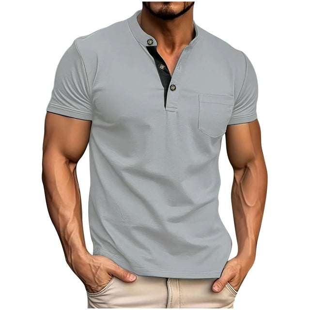 Fanxing Mens Henley Shirts Button Up Short Sleeve Tees Shirt Solid Color Muscle T-Shirt Gray,M