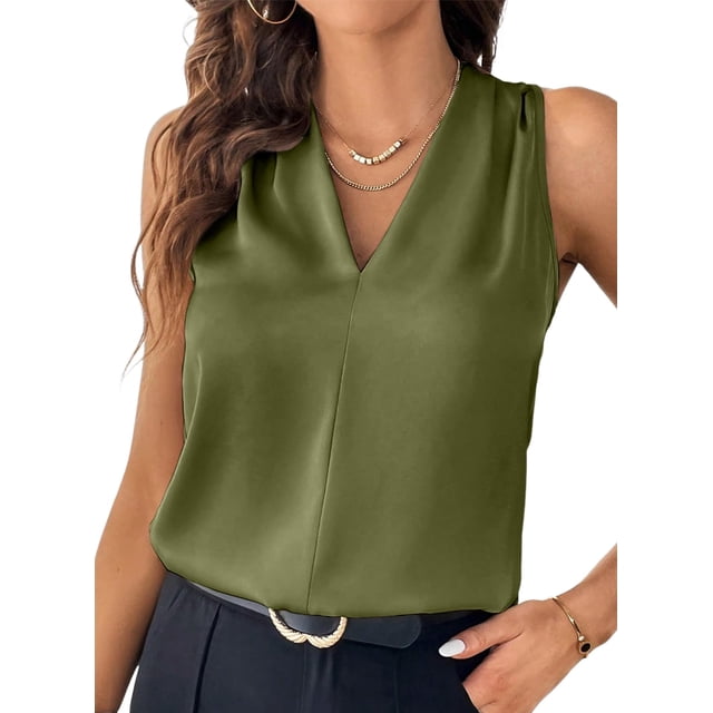 Camiseta sin mangas EVALESS para mujer con cuello en V plisado para mujer