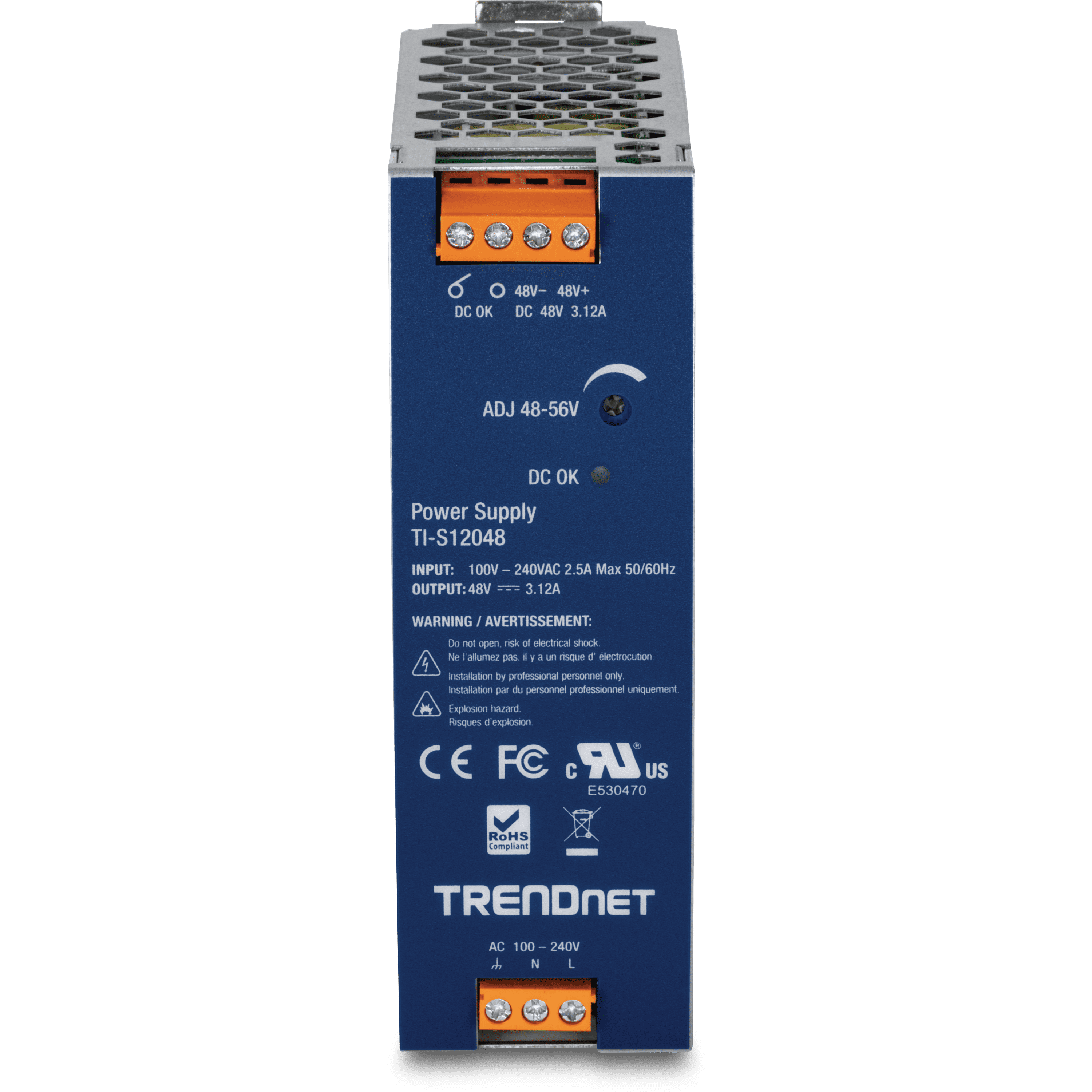 TRENDnet TI-S12048 150W, 48 – 56V DC, 3.12A AC to DC DIN-Rail Power Supply 
with PFC Function