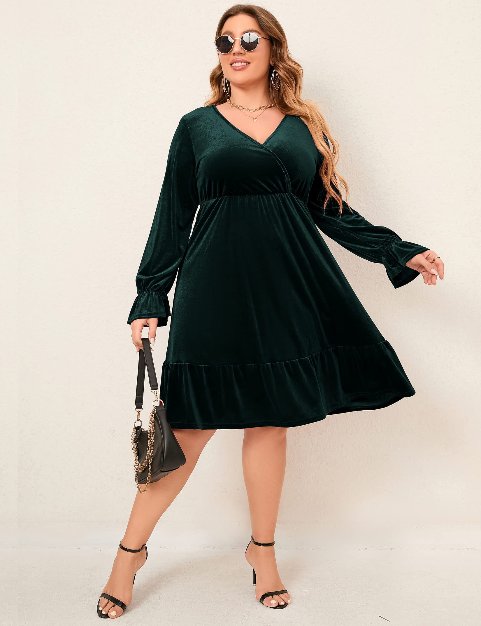 MEOILCE Women's Plus Size Patchwork Dress Flare Sleeve V Neck Wrap Hip Midi  Dress Long Sleeve Casual Swing Cocktail Dress, Black, 5X-Large : :  Clothing, Shoes & Accessories