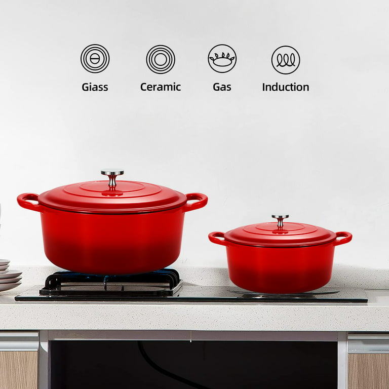 MGKKT Enameled Cast Iron Dutch Oven Set with Lids, 2pcs Cast Iron Pot, 6qt 15qt Enamel Cookware Pot, Red