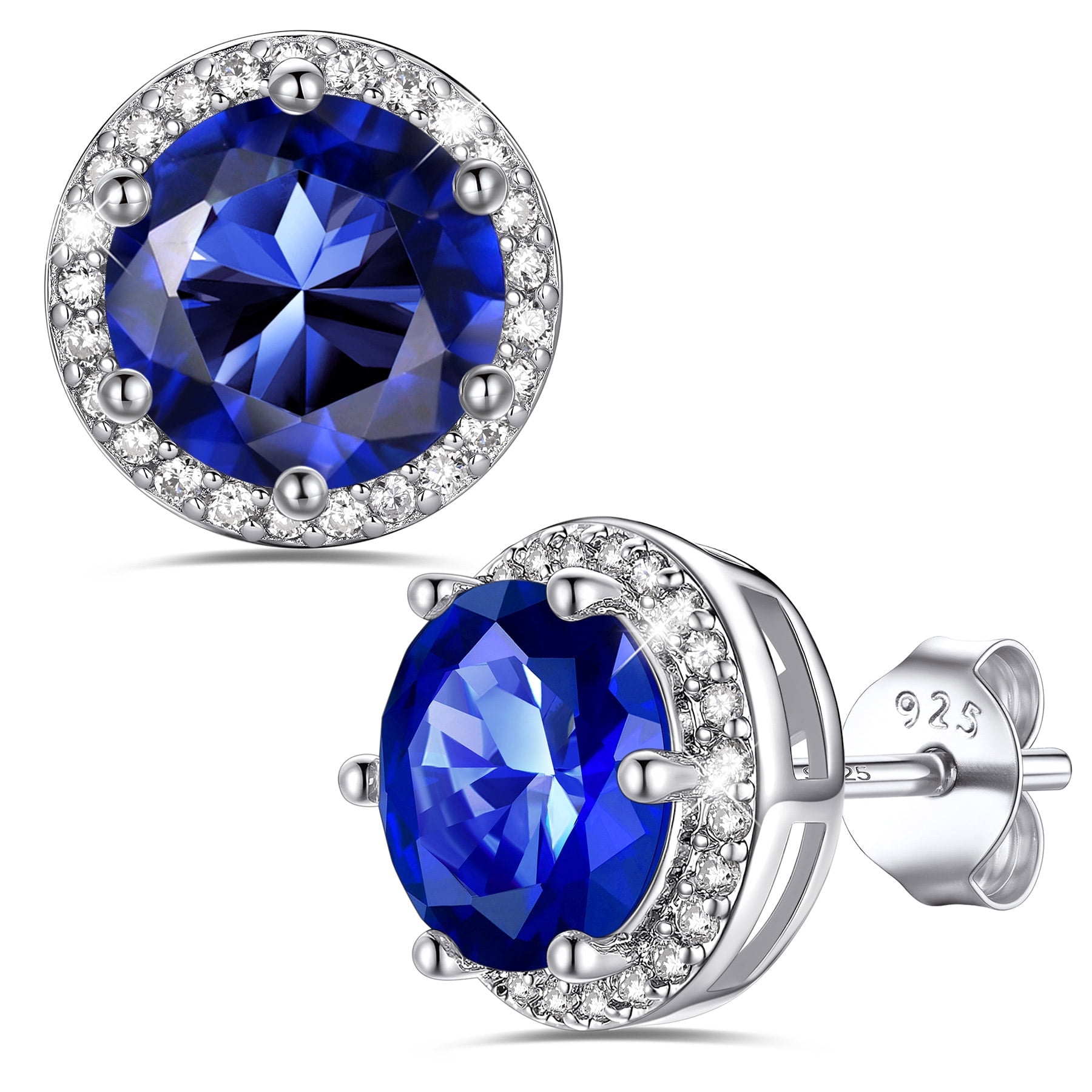 Bestyle 2 Carat Solitaire Birthstone Earrings for Women Sparkle Round Synthetic Sapphire Studs Birthday Christmas Anniversary Gifts