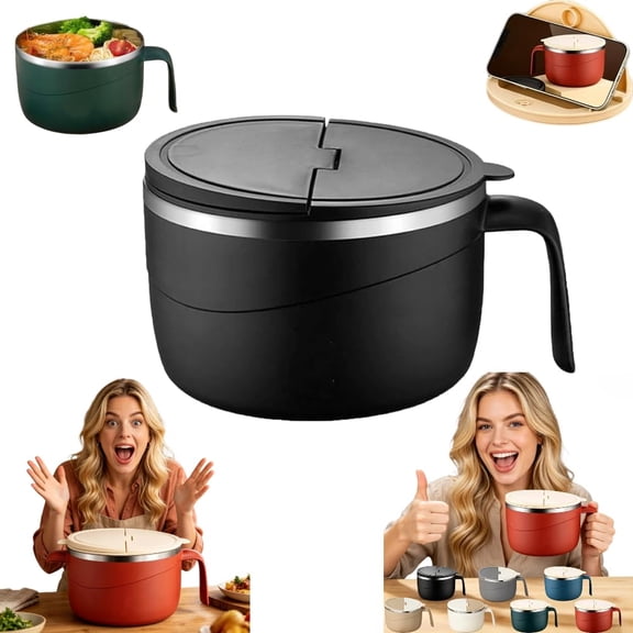 1200ml Stainless Steel Ramen Bowl with Lid & Handle, Insulated Noodle Soup Bowl with Strainer Vent for Office, Dorm, Travel