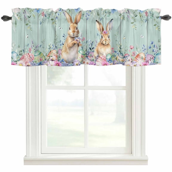 Bunny Easter Rod Pocket Curtain Valance, Eucalyptus Leaves Floral Eggs Weeping Wooden Farmhouse Window Valance for Living Room, Bedroom, Kitchen 42"W x 12"L