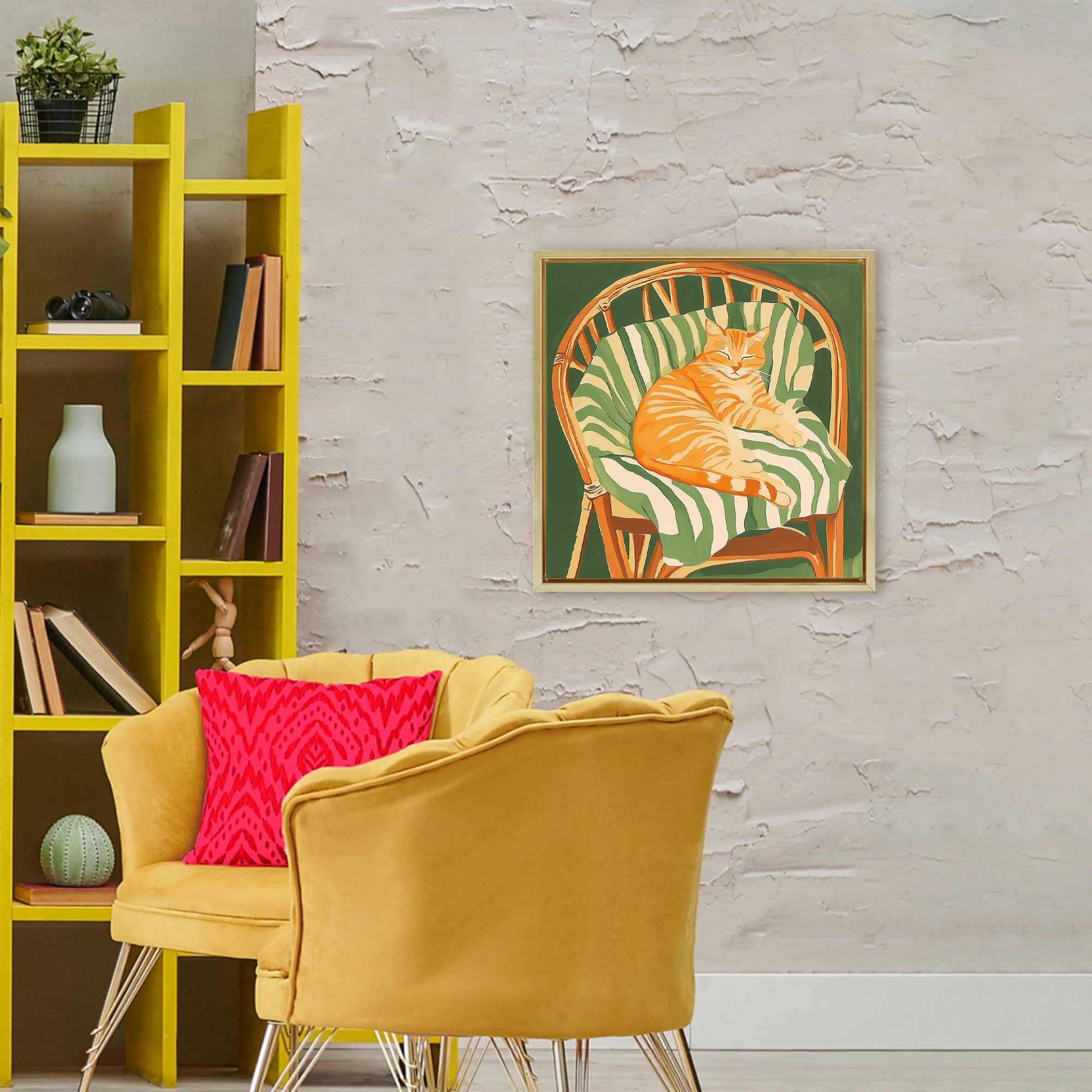 Stupell Industries Cat In Rattan Chair Gold Framed Floater Canvas Wall Art, design by Walker Noble