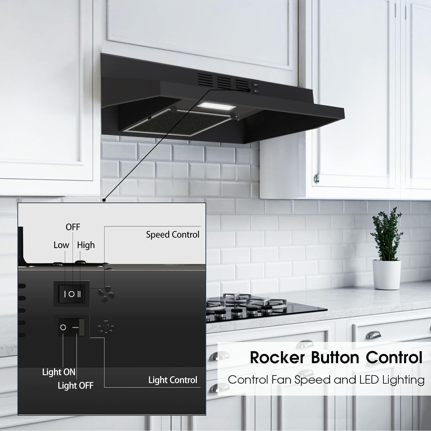 30 inch Range Hood Under Cabinet, Stainless Steel Kitchen Vent Hood 280CFM, Built-in Kitchen Stove Hood w/Rocker Button Control, Ducted/Ductless Convertible Duct, 2 Speeds Fan, Bright LED Light