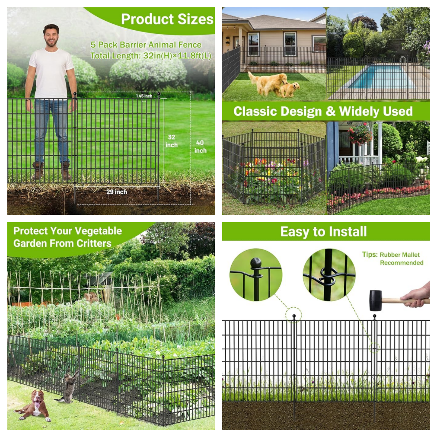5 Panels No Dig Decorative Outdoor Garden Fence for Yard, 32 in(H) X 11.8 ft(L) Animal Barrier Fencing Rustproof Metal Wire Panel Border for Dog, Rabbits, and Patio Temporary Ground Stakes