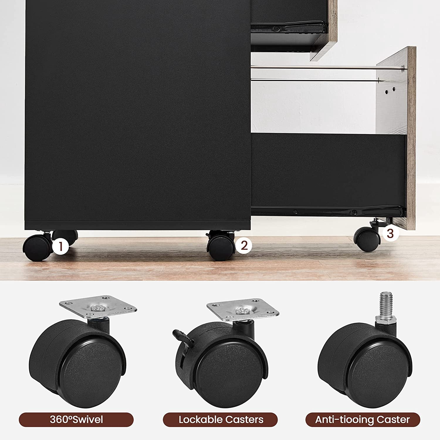 VASAGLE Industrial File Cabinet with 2 Drawers, Rolling Office Filing Cabinet, Greige and Black