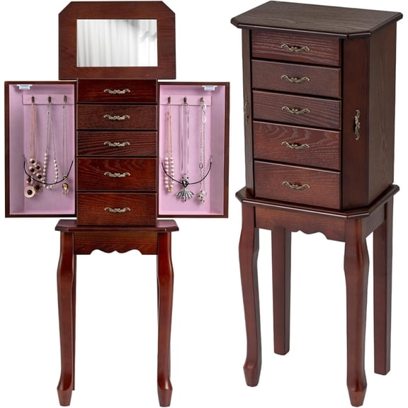 Jewelry Armoire Cabinet with Flip Top Mirror, Standing Jewelry Chest, Top Storage Tray, 4 Storage Drawers, 2 Side Doors with 6 Necklace Hooks, Vintage, Wood Stand Up Jewelry Box (Walnut)