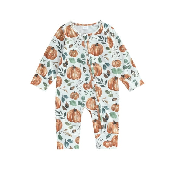 Wassery Infant Baby Girls Halloween Jumpsuits Long Sleeve Crew Neck Romper Leaf Pumpkin Print Zipper One Piece Bodysuits Casual Fall Clothes 0-12M