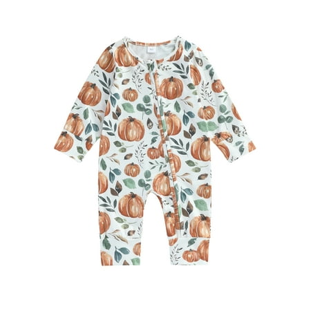 

Qtinghua Newborn Baby Girls Casual Romper Long Sleeve Pumpkin Print Zipper Halloween Clothes White 3-6 Months